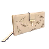 HXT-OAK Women's leaf hollowed out PU leather wallet with tree leaf pendant 12 card slots and Coin Zipper storage bag