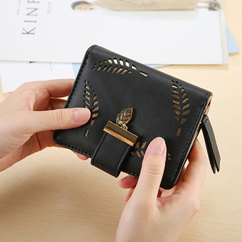 Gold-Leaves Design Ladies Wallet Black Long