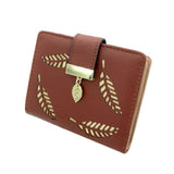 HXT-OAK Women's Leaf Hollow Design PU Leather Wallet with Leaf Pendant 5 Card Slots and ID Window